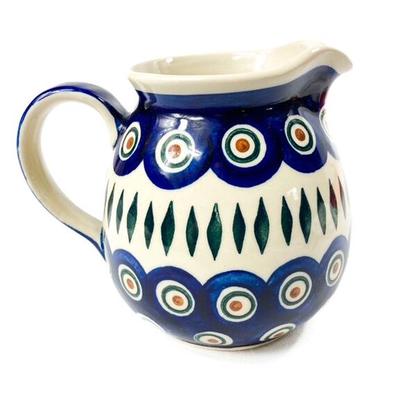 Small Pitcher Hand Crafted Peacock design with leaves Polish Pottery - Picture 1 of 10